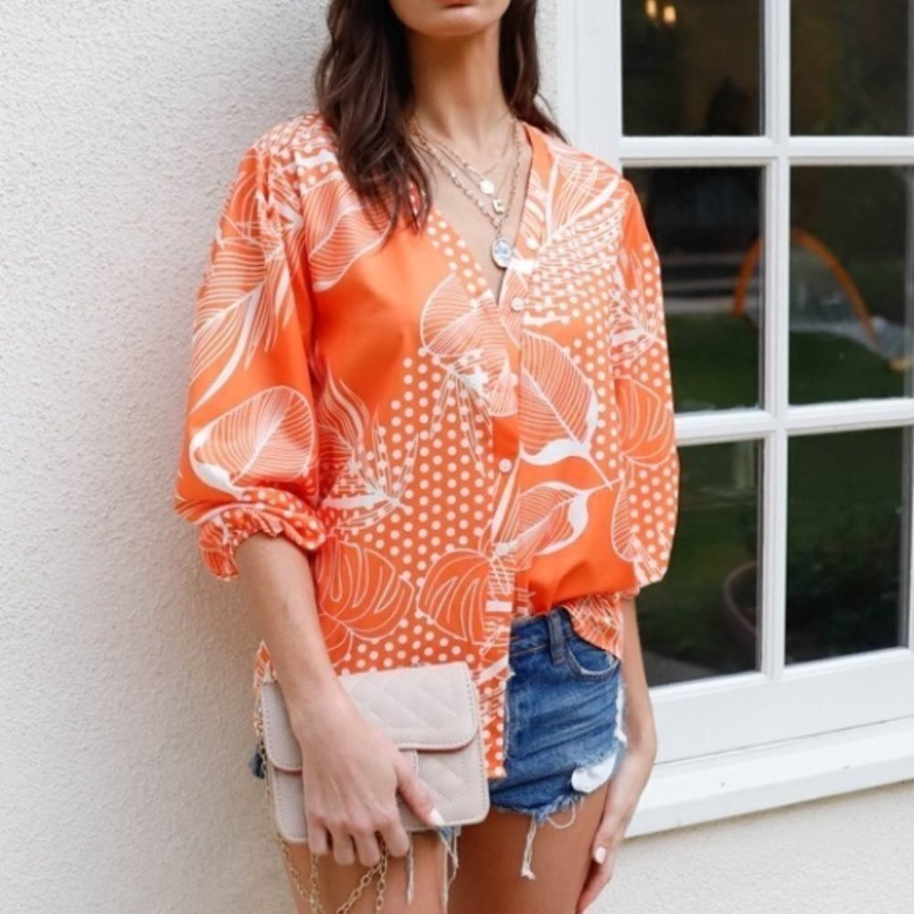 Boho Leaves Print Button Up Detail Top orange